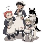  2boys 2girls alternate_costume animal_ears apron black_bow black_bowtie black_dress black_eyes black_footwear black_hair blonde_hair blue_eyes blunt_bangs bow bowtie crossdressing dated dog_boy dog_ears dog_tail dress dungeon_meshi enmaided frilled_apron frills full_body furry furry_male green_eyes hand_on_own_head hand_on_own_hip hat head_scarf highres holm_kranom kabru kuro_(dungeon_meshi) looking_at_another maid maid_apron maid_day maid_headdress mary_janes mickbell_tomas multiple_boys multiple_girls open_mouth pantyhose puffy_short_sleeves puffy_sleeves shoes short_bangs short_hair short_sleeves simple_background squiggle standing sweatdrop tail tmr0621 two_side_up white_background white_hat white_pantyhose 