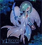  1girl angel_wings bangs black_background blue_border blue_eyeliner blue_flower blue_outline bob_cut border bright_pupils circlet closed_mouth clothed_pokemon colored_skin commentary constellation crescent crescent_earrings earrings english_text eyeliner feathered_wings feathers flat_chest flower full_body gardevoir gen_3_pokemon green_hair green_skin hair_over_one_eye happy holding holding_feather jewelry looking_to_the_side lotosu makeup multicolored multicolored_skin night outline pokemon pokemon_(creature) purple_footwear red_eyes shoes short_hair sky smile solo standing star_(sky) star_(symbol) star_in_eye starry_sky symbol_in_eye two-tone_skin virgo wheat white_pupils white_skin white_wings wings wristband 