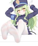  1girl absurdres black_hat black_jacket black_skirt black_tail blue_archive blush closed_mouth demon_tail gloves green_hair green_halo gugu0v0 hair_between_eyes halo hat highres hikari_(blue_archive) jacket long_hair long_sleeves looking_at_viewer pantyhose peaked_cap pleated_skirt pointy_ears simple_background skirt soles solo tail toes white_background white_gloves white_pantyhose yellow_eyes 