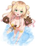  1girl :d bangs bare_legs bare_shoulders barefoot bear_paws bikini blonde_hair blush bow bow_bikini breasts cleavage clenched_hand collarbone double_bun eyebrows_visible_through_hair fang fang_out frilled_bikini frills from_above gloves green_eyes hair_ornament highres hololive k_mugura long_hair looking_at_viewer medium_breasts momosuzu_nene navel open_mouth smile solo swimsuit two-tone_bikini two-tone_bow virtual_youtuber white_background yellow_bow 