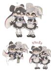  +_+ 2girls apron black_dress black_hair bottle bow-shaped_hair callie_(splatoon) cousins dress frilled_apron frills grey_hair highres holding holding_tray inkling maid maid_apron maid_day maid_headdress marie_(splatoon) mole mole_under_eye multiple_girls object_on_head puffy_sleeves simple_background splatoon_(series) splatoon_1 star-shaped_pupils star_(symbol) symbol-shaped_pupils tentacle_hair thighhighs tray white_apron white_background yuritokemo 