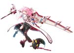  1girl absurdres artist_request black_dress cosmic_break dress fox full_body greatsword highres holding holding_sword holding_weapon huge_weapon jacket koharu_ayakashi long_hair looking_at_viewer official_art one_eye_closed pink_hair second-party_source shoes sword weapon yellow_eyes 