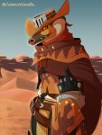  anthro anthrofied armor bandanna bird_wyvern bottomwear brown_body capcom cloak clothed clothing cosmic_noodle cowboy cowboy_hat desert digital_media_(artwork) great_wroggi hat headgear headwear hi_res kerchief looking_at_viewer male monster_hunter multicolored_body neckerchief orange_body orange_skin pants scalie shaded shirt simple_background solo tail topwear wroggi 