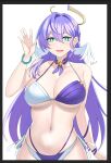  1girl :d aori_sora aqua_eyes bare_arms bare_shoulders bead_bracelet beads bikini black_border border bracelet breasts bright_pupils choker commentary hair_intakes hand_up highres honkai:_star_rail honkai_(series) jewelry large_breasts long_hair looking_at_viewer navel open_mouth purple_bikini purple_choker purple_hair robin_(honkai:_star_rail) simple_background smile solo stomach swimsuit two-tone_bikini upper_body very_long_hair white_background white_bikini white_pupils 