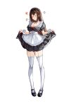  1girl absurdres alternate_costume anger_vein aozaki_aoko apron black_dress black_footwear blush breasts brown_hair closed_mouth dress english_commentary enmaided facing_viewer fate/grand_order fate_(series) full_body garter_straps hair_intakes highres lifted_by_self long_hair mahou_tsukai_no_yoru maid maid_apron maid_headdress mary_janes medium_breasts puff_of_air shoes skirt_hold solo thighhighs wavy_mouth white_background white_garter_straps white_thighhighs white_wrist_cuffs wrist_cuffs yotsutsu428 