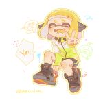  1girl :d ^_^ agent_4_(splatoon) arm_support artist_name bike_shorts black_footwear black_headphones black_shorts blonde_hair blunt_bangs blush_stickers boots chinese_commentary closed_eyes colored_tongue commentary_request doodle_inset facing_viewer fangs full_body green_jacket headphones high_collar highres inkling inkling_girl inkling_player_character invisible_chair jacket jaggy_lines medium_hair open_mouth outline outstretched_arm rrreunion4 shorts sitting smile solo splatoon_(series) splatoon_2 striped_clothes striped_jacket tentacle_hair v v-shaped_eyebrows white_background yellow_outline yellow_tongue zapfish zipper zipper_pull_tab 