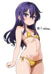  1girl akatsuki_(kancolle) bikini breasts gold_bikini highres kantai_collection long_hair one-hour_drawing_challenge purple_eyes purple_hair rakutosu side-tie_bikini_bottom simple_background small_breasts solo swimsuit twitter_username white_background 