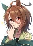  1girl agnes_tachyon_(sigma_experiment)_(umamusume) agnes_tachyon_(umamusume) ahoge animal_ears brown_eyes brown_hair collarbone commentary_request ear_covers ear_ornament eyes_visible_through_hair grey-framed_eyewear hair_intakes hexagon_print highres horse_ears horse_girl huge_ahoge looking_at_viewer medium_hair monocle off_shoulder official_alternate_costume ruisuke single_ear_cover smile solo sparkle umamusume upper_body 