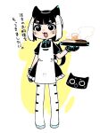  :3 animal_ears apron arm_at_side bellabot black_dress black_eyes black_gloves black_hair blunt_bangs boots carrefour cat_ears cat_girl chibi chibi_inset commentary_request cup dress drink drinking_glass food full_body gloves holding holding_tray looking_at_viewer mecha_musume multicolored_hair okui_misohiko open_mouth personification short_dress short_hair short_sleeves simple_background smile standing steam thigh_boots translation_request tray two-tone_hair white_apron white_footwear white_hair 