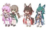  4girls animal_ears black_footwear bow-shaped_hair chibi closed_eyes closed_mouth dress forehead_jewel fox_ears fox_girl fox_tail fu_xuan_(honkai:_star_rail) green_eyes green_hair green_skirt hair_between_eyes hair_ornament high_heels honkai:_star_rail honkai_(series) light_brown_hair long_hair long_sleeves looking_at_viewer looking_to_the_side multiple_girls official_art open_mouth pantyhose pink_dress pink_eyes pink_hair pointing pointing_at_another qingque_(honkai:_star_rail) short_sleeves simple_background skirt socks standing sweat tail tingyun_(honkai:_star_rail) white_background white_pantyhose white_skirt white_socks yoshinao_(yoshinao_0203) yukong_(honkai:_star_rail) 