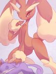  1girl @_@ ancesra animal_ears artist_name blush body_fur brown_fur closed_mouth commentary english_commentary flat_chest furry furry_female gen_1_pokemon gen_4_pokemon grey_background hand_to_own_mouth hand_up happy highres kneeling looking_at_viewer lopunny one_knee patreon_username pokemon pokemon_(creature) rabbit_ears rabbit_girl rabbit_tail rattata red_eyes simple_background smile solo_focus spread_legs tail two-tone_fur watermark web_address yellow_fur 