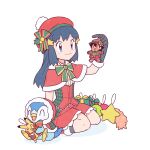  1girl alternate_costume ash_ketchum bangs blue_eyes blush boots character_doll christmas closed_mouth commentary_request dawn_(pokemon) dododo_dadada eyelashes gen_1_pokemon gen_4_pokemon hair_ornament hairclip hand_up hat holding hood hood_up long_hair pikachu piplup pokemon pokemon_(anime) pokemon_(creature) pokemon_dppt_(anime) red_footwear red_headwear sitting skirt smile socks 