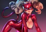  1girl :d all_fours arched_back blue_eyes bodysuit breasts cat_mask cat_tail cleavage cleavage_cutout clothing_cutout commentary earrings english_commentary fake_tail jewelry large_breasts light_brown_hair long_hair looking_at_viewer mask open_mouth optionaltypo persona persona_5 red_bodysuit simple_background smile solo stud_earrings tail takamaki_anne tongue twintails zipper 