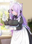  absurdres ahoge alternate_costume animal_ears apron black_dress blurry blurry_background blush breasts cat_ears cat_girl cup dress flower hair_over_one_eye hakumai_(5fc) highres holding holding_cup holding_teapot hololive indoors large_breasts long_hair maid maid_day maid_headdress nekomata_okayu purple_eyes purple_hair smile star_(symbol) star_in_eye symbol_in_eye table teapot vase virtual_youtuber white_apron 