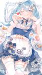  1girl 247_(nsn_na7) :3 :q absurdres apron bed bed_sheet blue_choker blue_dress blue_eyes blue_hair blue_nails cake cake_slice candy checkerboard_cookie choker cookie dress faruzan_(cafe)_(genshin_impact) faruzan_(genshin_impact) food food_on_face frilled_apron frilled_sleeves frilled_thighhighs frills fruit garter_straps genshin_impact green_nails hair_ornament hand_on_own_cheek hand_on_own_face highres holding holding_cake holding_food jelly_bean lollipop long_hair lying macaron maid maid_day maid_headdress multicolored_nails official_alternate_costume on_back on_bed petticoat pillow pinafore_dress puffy_short_sleeves puffy_sleeves short_sleeves single_garter_strap sleeveless sleeveless_dress solo spoon strawberry strawberry_cake sweets swirl_lollipop thighhighs thumbprint_cookie tongue tongue_out twintails waist_apron white_apron white_thighhighs wrist_cuffs x_hair_ornament 