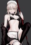  1girl apron artoria_pendragon_(alter_swimsuit_rider)_(fate) artoria_pendragon_(alter_swimsuit_rider)_(second_ascension)_(fate) artoria_pendragon_(fate) asymmetrical_legwear bikini black_bikini black_thighhighs blonde_hair braid breasts bridal_garter choker expressionless fate/grand_order fate_(series) french_braid frilled_bikini frilled_choker frills grey_hair highres holding holding_mop hood hoodie jacket looking_at_viewer maid maid_bikini maid_headdress medium_breasts mop navel neck_garter open_clothes open_hoodie ribbon short_hair solo sumi_(gfgf_045) swimsuit thighhighs unconventional_maid unworn_jacket waist_apron 