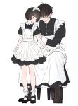  1boy 1girl age_difference apron black_dress black_footwear black_hair blush bobby_socks boots couple crossdressing dress dressing_another full_body hair_over_eyes hetero looking_at_another maid maid_apron maid_headdress male_maid mary_janes original sekiya_asami shoes short_hair sitting socks 