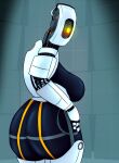 big_breasts big_butt black_body black_latex blue_light breasts butt cable cake curvy_body curvy_figure dessert female food glados hi_res humanoid latex living_machine looking_at_another machine mantrinrus mechanical_arm mechanical_body mechanical_leg portal_(series) red_light robot robot_humanoid simple_background solo spine valve white_body white_metal wide_hips wire yellow_eyes yellow_light