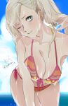  1girl ;) adjusting_hair bikini blonde_hair blue_eyes blue_sky breasts cleavage closed_mouth cloud collarbone day hair_ornament hairclip hand_in_own_hair highres komugi_(mugiwaraclub) large_breasts leaning_forward one_eye_closed outdoors persona persona_5 red_bikini signature sky smile solo swimsuit takamaki_anne twintails water wet wet_hair 