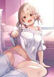  :d arm_support bed blonde_hair blurry blurry_background clothes_lift hair_ribbon highres indoors lifting_own_clothes low_twintails lycoris_recoil navel nishikigi_chisato off-shoulder_shirt off_shoulder panties pink_panties reclining red_eyes red_ribbon ribbon shirt short_hair short_twintails sitting sleepwear smile tsumiki_mc twintails underwear 