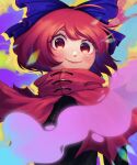  1girl absurdres black_shirt blue_bow bow capelet carnelscorner closed_mouth commentary english_commentary hair_bow highres long_sleeves looking_at_viewer medium_hair red_capelet red_eyes red_hair sekibanki shirt smile solo touhou upper_body 
