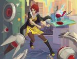  1girl 897284047 black_footwear blue_hair brown_thighhighs building dress full_body holding holding_sword holding_weapon red_(transistor) red_hair solo sword the_transistor thighhighs transistor_(game) weapon 