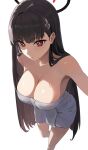  1girl black_hair black_halo blue_archive breasts cleavage english_commentary gyunzai hair_ornament hairclip halo highres large_breasts long_hair looking_at_viewer naked_towel red_eyes rio_(blue_archive) simple_background solo towel white_background white_towel 