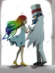  1boy 1girl absurdres blue_hair count_bleck dress drum from_side gloves hat high_heels highres humanization instrument long_hair mario_(series) miraxth523 multicolored_hair open_mouth paper_mario personification rainbow_hair super_paper_mario tippi_(paper_mario) white_gloves 