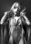  1girl :d crazy crazy_smile fata_morgana_no_yakata glowing glowing_eyes greyscale head_tilt highres long_hair long_sleeves looking_at_viewer monochrome moyatarou nellie_rhodes nightgown non-web_source novel_illustration official_art shaded_face smile solo spoilers upper_body 