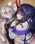  3girls :q bare_shoulders beer_can black_shirt black_thighhighs blue_eyes blush bronya_zaychik can commentary_request cosplay drink_can from_above hair_between_eyes hand_up heart heart-shaped_pupils highres homu_(honkai_impact) honkai_(series) honkai_impact_3rd horns kiana_kaslana long_hair long_horns looking_at_another looking_at_viewer multiple_girls nagonako off-shoulder_shirt off_shoulder open_mouth ponytail purple_eyes purple_hair raiden_mei raiden_mei_(herrscher_of_thunder) raiden_mei_(striker_fulminata) raiden_mei_(striker_fulminata)_(cosplay) red_horns red_pupils shirt sitting sitting_on_person symbol-shaped_pupils thighhighs tongue tongue_out white_hair white_shirt 