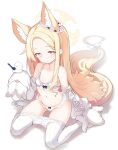  1girl animal animal_ear_fluff animal_ears bird blonde_hair blue_archive blush bra breasts closed_mouth clothes_pull detached_sleeves extra_ears fox_ears halo highres long_hair looking_at_viewer navel panties pantyhose pantyhose_pull seia_(blue_archive) sleeves_past_fingers sleeves_past_wrists small_breasts solo striped_clothes striped_pantyhose tatsuhiko underwear vertical-striped_clothes vertical-striped_pantyhose white_bird white_bra white_panties white_pantyhose white_sleeves yellow_eyes yellow_halo 