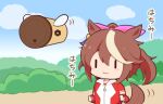  1girl :3 animal_ears blue_sky brown_hair chibi closed_mouth cloud cup day disposable_cup gomashio_(goma_feet) gym_shirt hair_between_eyes hair_ribbon horse_ears horse_girl horse_tail insect_wings jacket long_hair multicolored_hair outdoors pink_ribbon ponytail red_jacket ribbon shirt sky solo streaked_hair tail tokai_teio_(umamusume) track_jacket translation_request umamusume upper_body white_hair white_shirt wings |_| 