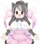  1girl animal_ears arm_warmers bear_ears bear_girl bergman&#039;s_bear_(kemono_friends) black_hair blush bow breasts buttons center_frills commentary_request cowboy_shot empty_eyes frills grey_hair hair_bow heart high-waist_skirt highres kemono_friends large_breasts lets0020 long_hair looking_at_viewer medium_bangs multicolored_hair open_mouth pink_bow pink_skirt shirt sidelocks simple_background skirt sleeveless smile solo white_background white_shirt 