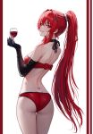  1girl ass back bow bowtie claws cup drinking_glass gloves hair_tie haruyuki_(karem) highres looking_back mole mole_on_ass panties ponytail punishing:_gray_raven red_eyes red_hair single_glove solo underwear vera_(punishing:_gray_raven) wine_glass 