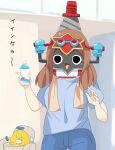  1girl :3 black_eyes blue_pants blue_shirt blush bottle brown_hair censored chair commentary_request cowboy_shot drill goggles goggles_on_head heybot! heybot_(character) highres holding holding_bottle lets0020 long_hair mosaic_censoring open_mouth pants screw shirt short_sleeves smile t-shirt towel towel_around_neck translation_request 