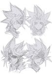  1boy belt_collar bracelet bright_pupils closed_mouth collar cropped_shoulders frown gokunobaka grimace jewelry male_focus monochrome multiple_views open_mouth simple_background sketch spiked_hair white_pupils yami_yugi yu-gi-oh! yu-gi-oh!_duel_monsters 