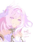  1girl :d artist_name diamond-shaped_pupils diamond_(shape) dress elysia_(herrscher_of_human:ego)_(honkai_impact) elysia_(honkai_impact) grin hair_ornament honkai_(series) honkai_impact_3rd long_hair looking_at_viewer pink_eyes pink_hair rixxtux simple_background smile solo symbol-shaped_pupils teeth twitter_username upper_body very_long_hair white_background white_dress 