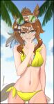  1girl ahoge animal_ears ass_visible_through_thighs bare_shoulders beach bikini blue_sky blurry blurry_background breasts brown_hair cleavage closed_mouth cloud collarbone commentary_request cowboy_shot day earrings eyewear_on_head green-tinted_eyewear groin hair_between_eyes hair_ornament hairclip highres horse_ears horse_girl horse_tail jewelry jungle_pocket_(tobasuze_hot_summer!)_(umamusume) jungle_pocket_(umamusume) layered_bikini looking_at_viewer medium_hair navel necklace official_alternate_costume official_alternate_hairstyle outdoors palm_tree ponytail ribs sidelocks signature single_earring sky small_breasts smile solo standing sunglasses sunlight swimsuit tail the_orlgln tinted_eyewear tree umamusume v yellow_bikini yellow_eyes 