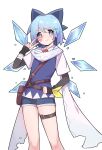  1girl :&gt; absurdres adapted_costume ascot bandaged_arm bandages bandaid bandaid_on_cheek bandaid_on_face belt belt_pouch blue_eyes blue_hair blue_shirt blush bow cirno collared_shirt feet_out_of_frame fingerless_gloves gloves grey_shorts guming_diban hair_bow hand_on_own_hip highres ice ice_wings pouch red_ascot scarf shirt short_hair short_shorts shorts simple_background skindentation solo thigh_belt thigh_strap torn_clothes torn_scarf touhou touhou_hero_of_ice_fairy v white_background white_scarf wings 