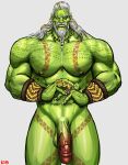  2023 abs absurd_res barazoku biceps big_muscles big_penis bopehol genitals gold_(metal) gold_jewelry green_body green_skin hair hi_res huge_penis humanoid humanoid_genitalia humanoid_penis jewelry looking_at_viewer male mature_humanoid mature_male muscular muscular_humanoid muscular_male nails orc pecs penis sharp_nails solo tribal vein veiny_penis white_hair 