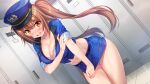  akanesaki_tsubaki blush bra breast_hold breasts brown_hair cleavage cosplay game_cg hat idoldays long_hair navel police qureate shinozuka_atsuto tears twintails underwear uniform 