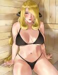  1girl absurdres bare_shoulders bikini black_bikini blonde_hair blush breasts breasts_apart collarbone cynthia_(pokemon) grey_eyes groin hair_ornament hair_over_one_eye highres large_breasts long_bangs looking_at_viewer navel pokemon pokemon_dppt red_lips sauna sidelocks sitting solo steam steaming_body stomach sweat swimsuit thighs very_sweaty wasabishouyu wooden_wall 