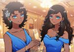  2girls bare_shoulders black_hair blue_eyes blue_nails blue_theme blurry bracelet breasts ceiling_light cleavage cup dark-skinned_female dark_skin depth_of_field drinking_glass dual_persona dungeon_meshi earrings formal genderswap genderswap_(mtf) hair_ornament hairclip hand_up hc1l_627 highres holding holding_cup indoors jewelry kabru long_hair looking_at_viewer multiple_girls nail_polish necklace off_shoulder petals short_hair sleeveless smile sparkle twitter_username upper_body 