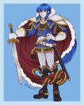  1boy armor belt blue_cape blue_hair boots cape coat commission commissioner_upload fire_emblem fire_emblem:_genealogy_of_the_holy_war hand_on_own_hip headband holding holding_sword holding_weapon lilkrart looking_at_viewer seliph_(fire_emblem) sheath shoulder_armor sidelocks simple_background sword weapon white_headband 