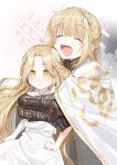 1boy 2girls androgynous armor blonde_hair blush blush_stickers braid brother_and_sister cape charles_(gu599) closed_eyes commentary_request covered_eyes crown_braid crying elden_ring gauntlets gold_trim helmet highres hug hug_from_behind korean_commentary long_hair malenia_blade_of_miquella miquella_(elden_ring) mixed-language_commentary multiple_girls needle_knight_leda open_mouth otoko_no_ko ponytail siblings sidelocks sleeveless sleeveless_tunic tunic very_long_hair white_background white_cape white_tunic winged_helmet 
