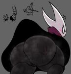  2_horns ambiguous_gender anus arthropod big_butt black_body black_skin blush blush_lines bodily_fluids butt clothing cross-popping_vein duo female genitals grey_background hand_print hand_print_on_butt hi_res hollow_knight horn hornet_(hollow_knight) huge_butt long_horn low-angle_view musk nanodude78 pussy rear_view red_clothing red_robe robe shell simple_background sweat sweaty_butt team_cherry the_knight_(hollow_knight) thick_thighs worm&#039;s-eye_view 