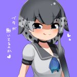  1girl :q ascot black_bow blue_ascot blue_eyes blush bow breasts closed_mouth commentary_request dress grey_dress grey_hair grey_sailor_collar hair_bow heart kemono_friends lets0020 looking_at_viewer medium_bangs narwhal_(kemono_friends) puffy_short_sleeves puffy_sleeves purple_background sailor_collar sailor_dress short_dress short_sleeves simple_background single_sidelock small_breasts smile solo spotted_hair tongue tongue_out translation_request upper_body 