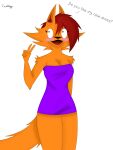  absurd_res anthro big_breasts black_nose blush breasts canid canine canis clothed clothing coyote coyotebass digital_media_(artwork) dress ear_tuft female fluffy fluffy_tail fur gesture hair hand_gesture hi_res mammal orange_body red_hair short_dress simple_background smile solo tail text thick_thighs tight_clothing tuft v_sign xanny_(coyotebass) 