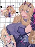  2girls ahoge artoria_caster_(fate) artoria_caster_(first_ascension)_(fate) artoria_pendragon_(fate) barghest_(fate) barghest_(second_ascension)_(fate) black_dress blonde_hair blue_eyes blush breasts chibi chibi_inset covered_nipples dress fate/grand_order fate_(series) gloves green_eyes grid_background hat heterochromia horns koani11111 large_breasts long_hair looking_at_viewer multiple_girls partially_shaded_face red_eyes sideboob tall_female twintails vest white_vest 