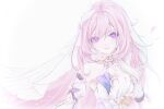  1girl absurdres bare_shoulders breasts bridal_veil chinese_commentary cleavage commentary_request detached_sleeves diamond-shaped_pupils diamond_(shape) dress elysia_(herrscher_of_human:ego)_(honkai_impact) elysia_(honkai_impact) english_commentary eyes_visible_through_hair hair_intakes hair_ornament hair_over_one_eye highres honkai_(series) honkai_impact_3rd large_breasts long_hair looking_at_viewer mixed-language_commentary multicolored_hair o-ring_dress pink_hair pink_petals pink_pupils pointy_ears purple_eyes rika_mayuzumi sidelocks simple_background smile solo streaked_hair symbol-shaped_pupils upper_body veil very_long_hair white_background white_dress white_sleeves white_veil 